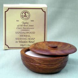 Taylor of Bond Street wood bowl; 100g shaving soap, Sandalwood94-JBTay1050  OUT OF STOCK