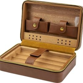 Travel Humidor, brown leatherette, zip,     5 cigars, 73-J0013h  out of stock