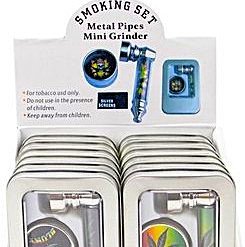 Metal Pipe Set, with 2 parts Grinder Ø25/H11, and screens; Tin box with clear panel 55x85mm, Assorted designs  75-JMR7212